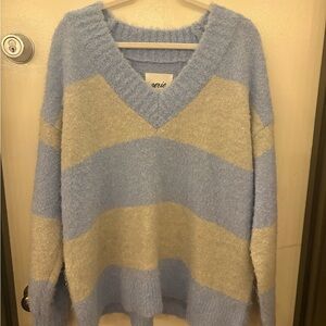 aerie Plush V-Neck Striped Sweater in Pale Blue and gray